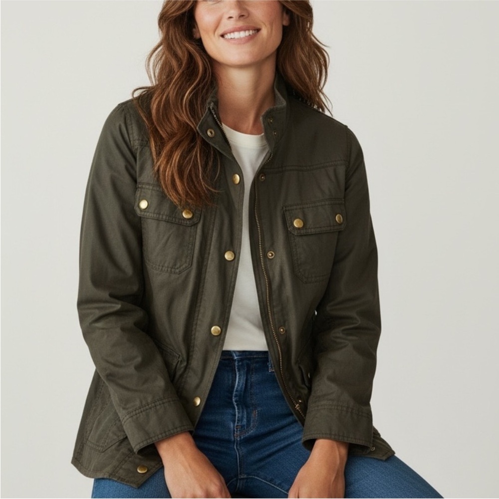 J. Crew Waxed Cotton Olive Green Utility Jacket with Brass Buttons